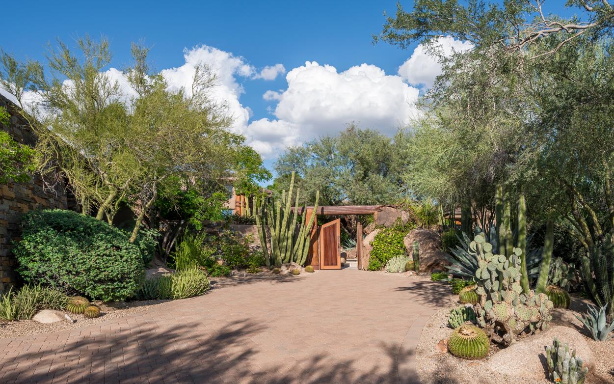 The driveway curves through mature trees, cacti and boulder accents.