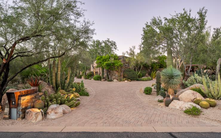 A paved arrival court surrounded by mature desert landscaping.