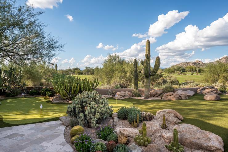 Turf, sculptural cacti and boulders set against the surrounding Sonoran landscape.